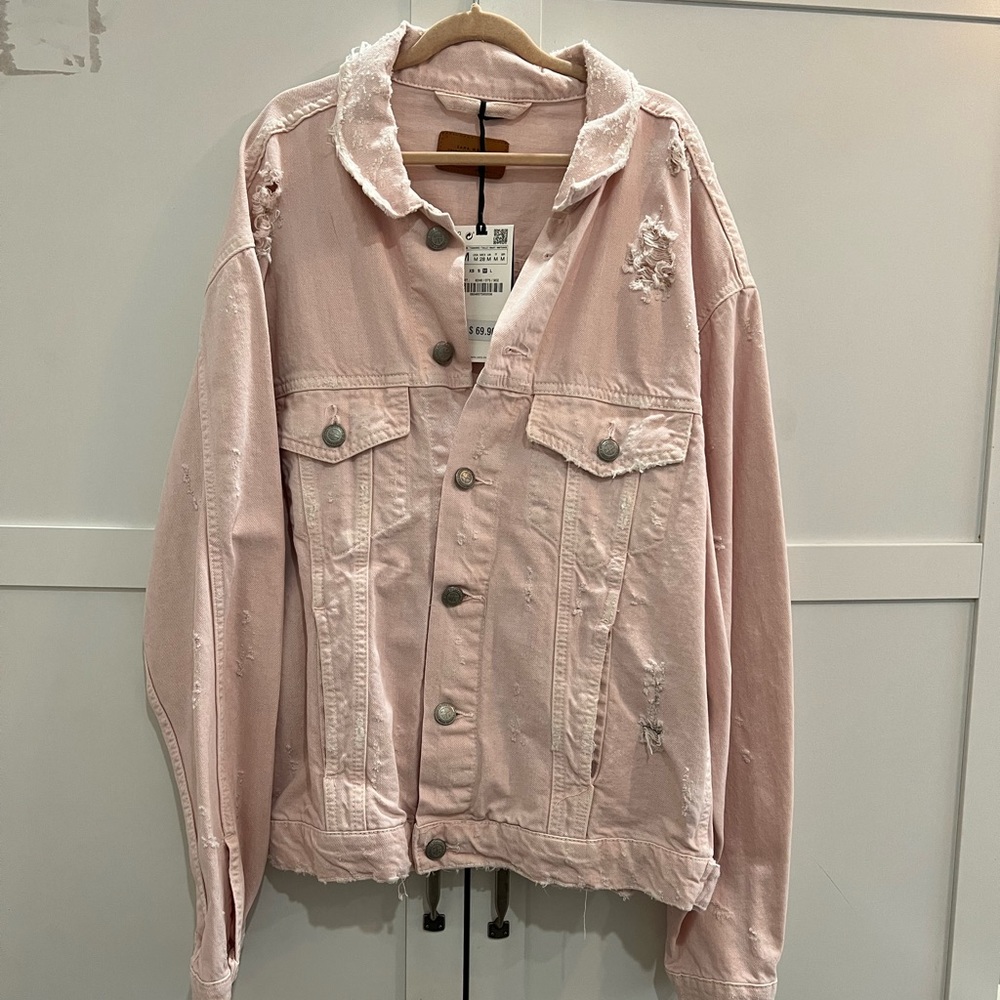 ZARA WOMAN DISTRESSED PINK DENIM JACKET